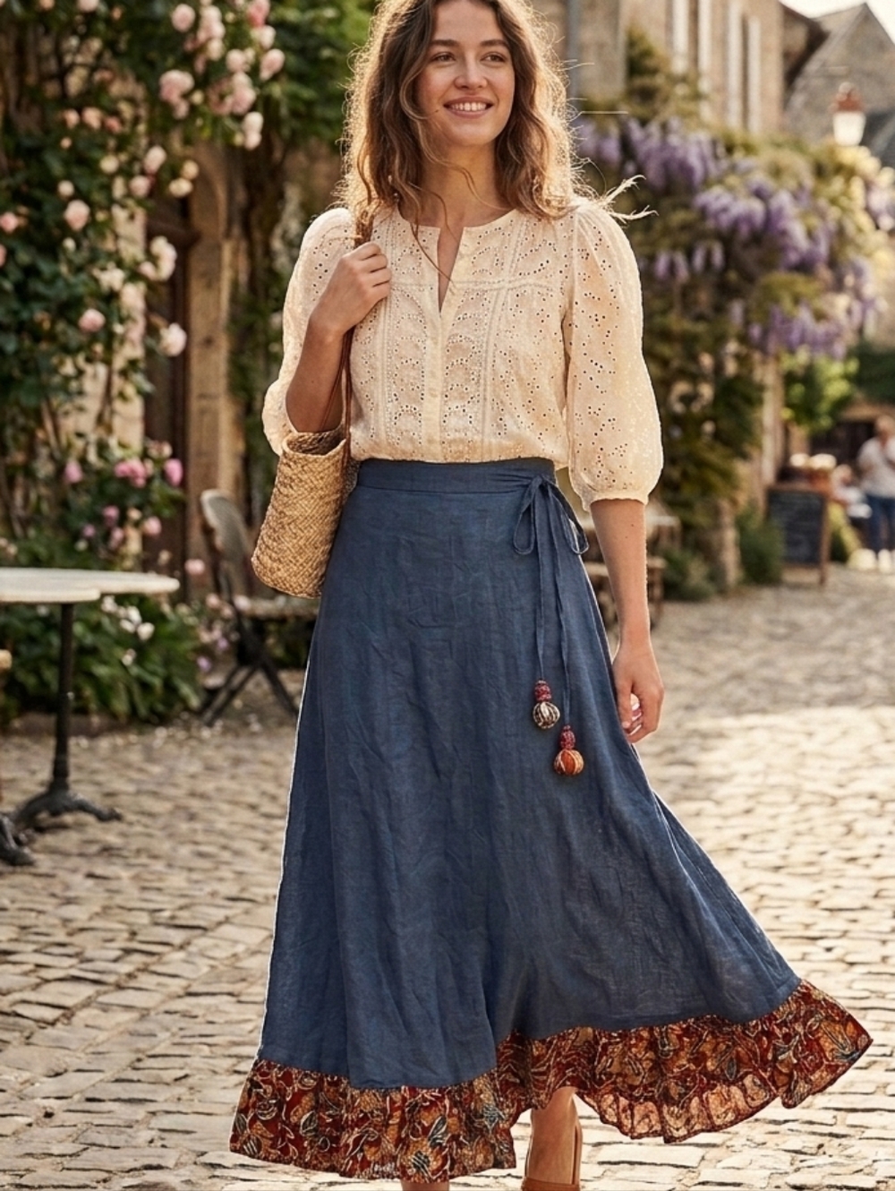 Cotton And Linen Blend Women's Navy Maxi Skirt with Kalmkari Ruffle Hem